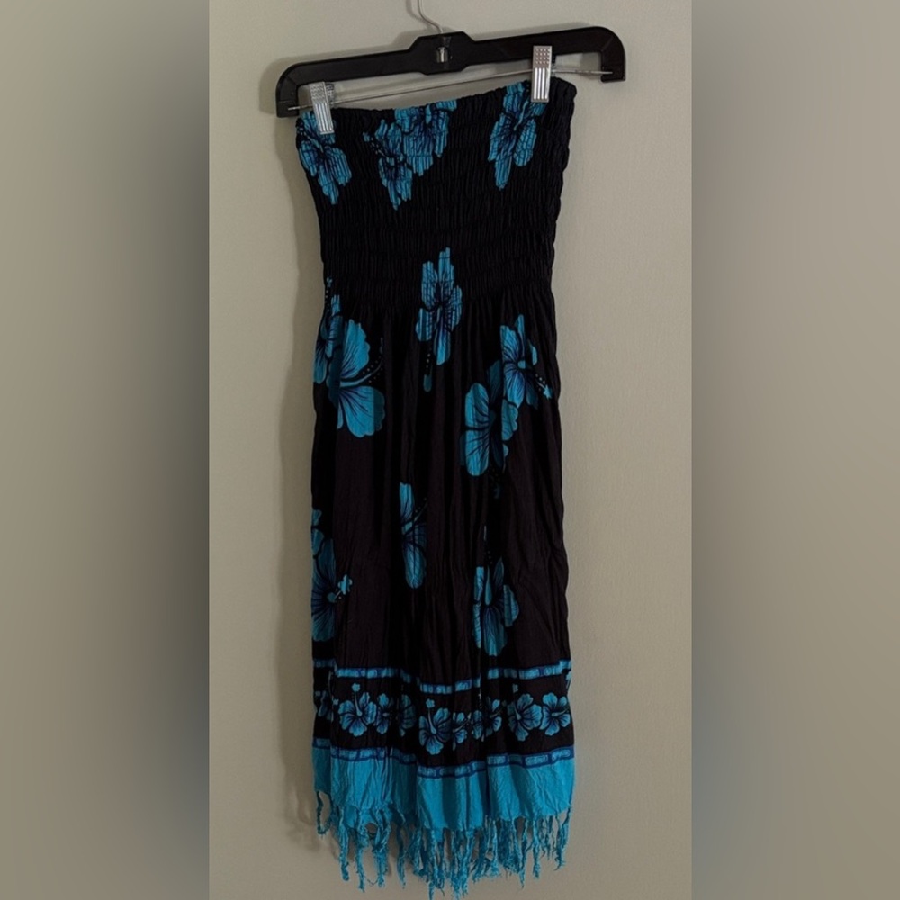 Beachy Dark Light Blue Floral Beach Dress Hawaiian Fringe Women’s Size Small S